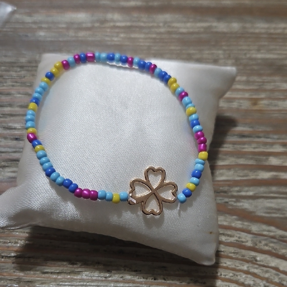 Colorful Beaded Bracelet with Clover Charm